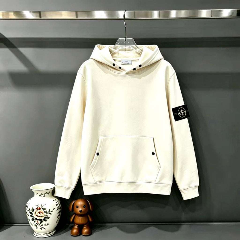 Stone Island Compass Badge Snap-Detail Pullover Hoodie Sweatshirt