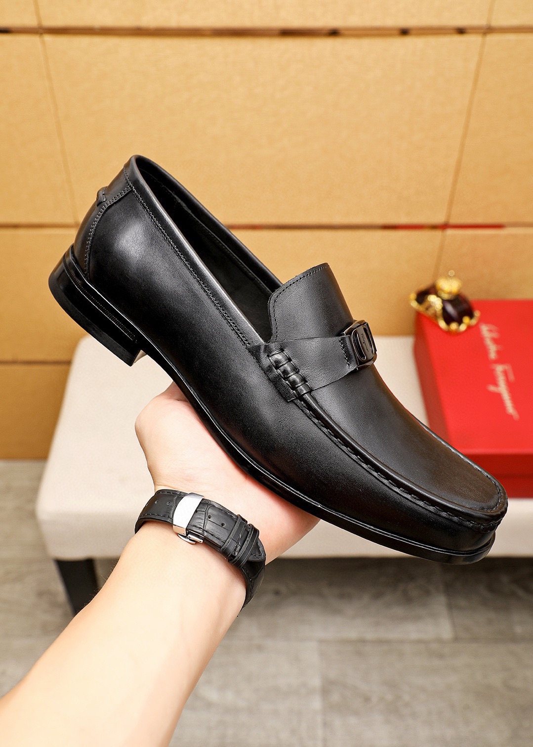Ferragamo Men's Black Buckle Loafers - Metal Buckle Detail