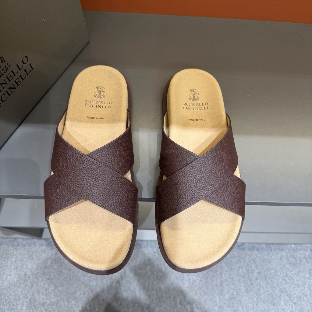 Brunello Cucinelli Men's Cross-Strap Slide Sandals - Contoured Footbed